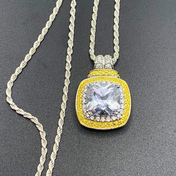 Solid 925 Sterling Silver 5CT Modified Square Cut CZ Pendant on 20" Rope Chain - Picture 2 of 14